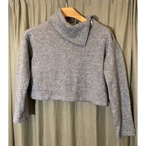 DKNY Women Grey Cropped Funnel Neck Zip Sweatshirt Top Size Medium
